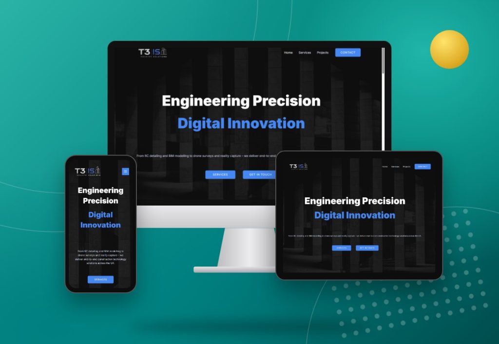 T3 Industry Solutions website design by The Marketing Hub shown on desktop, tablet and mobile