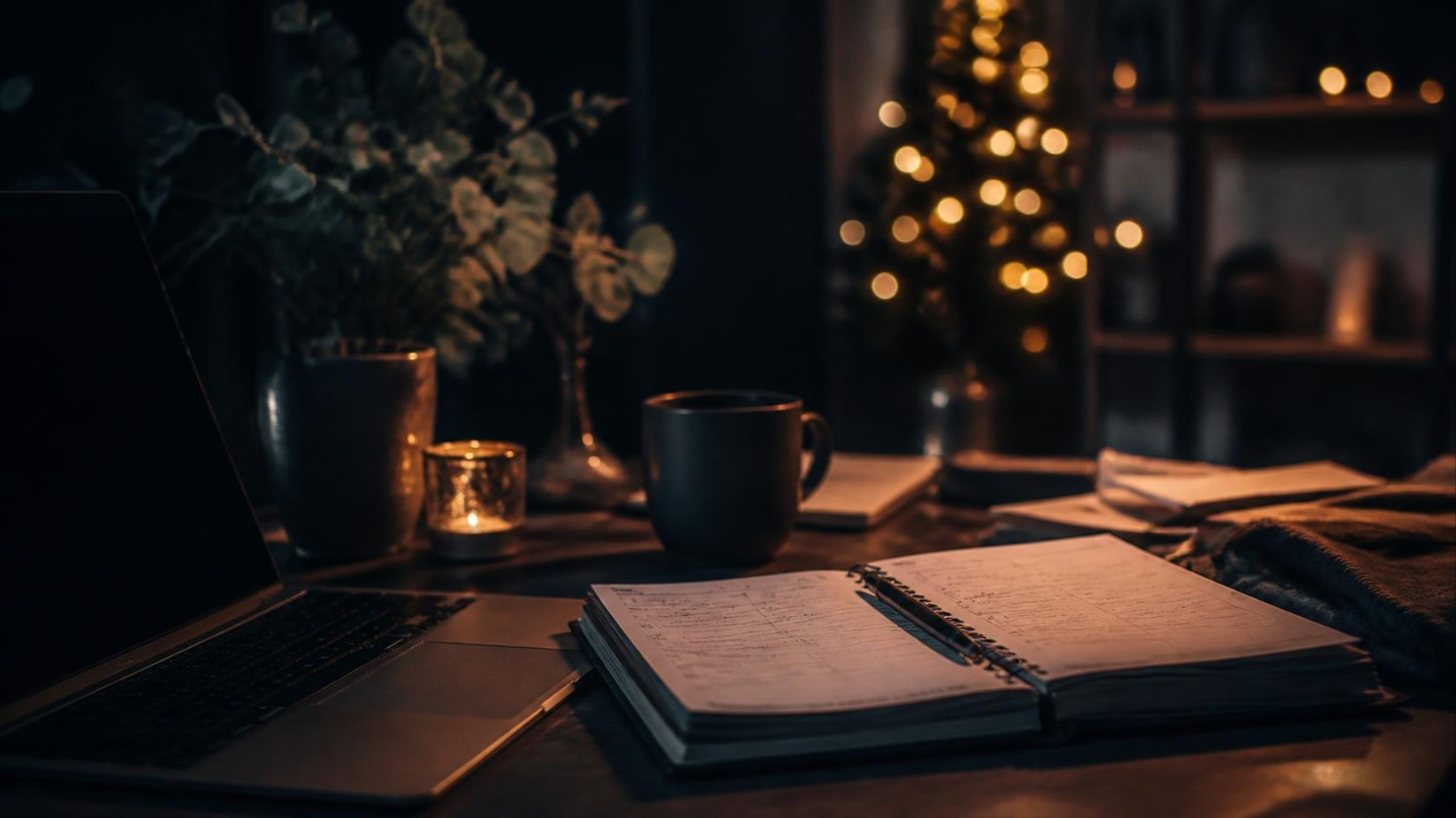 What's New Desk with a laptop, planner and Christmas lights