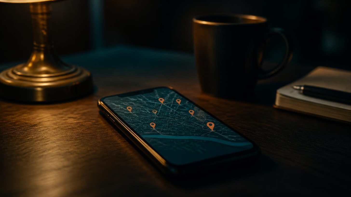 What's New Smartphone on a desk showing a map with location pins